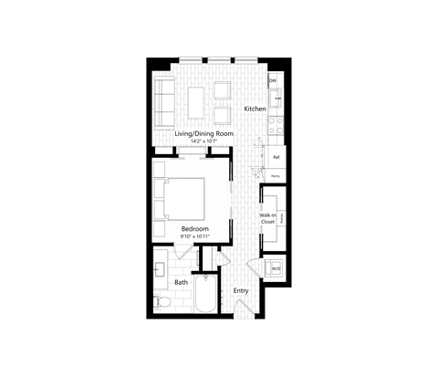 Floor plan for 1 bed, 1 bath, 594 sqft